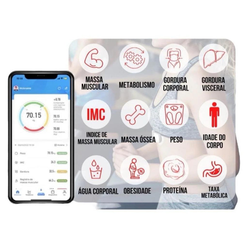 Balança Digital Inteligente com Bioimpedância - 17 Indicadores Corporais