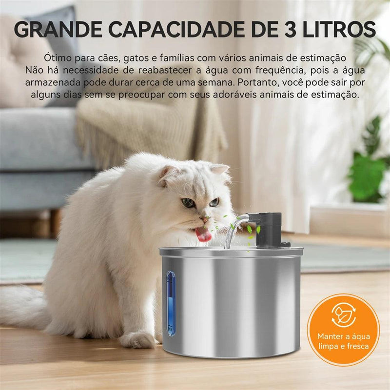 Bebedouro Automático de Aço Inoxidável para Pets com Filtro Duplo – Silencioso e com Capacidade de 3 Litros