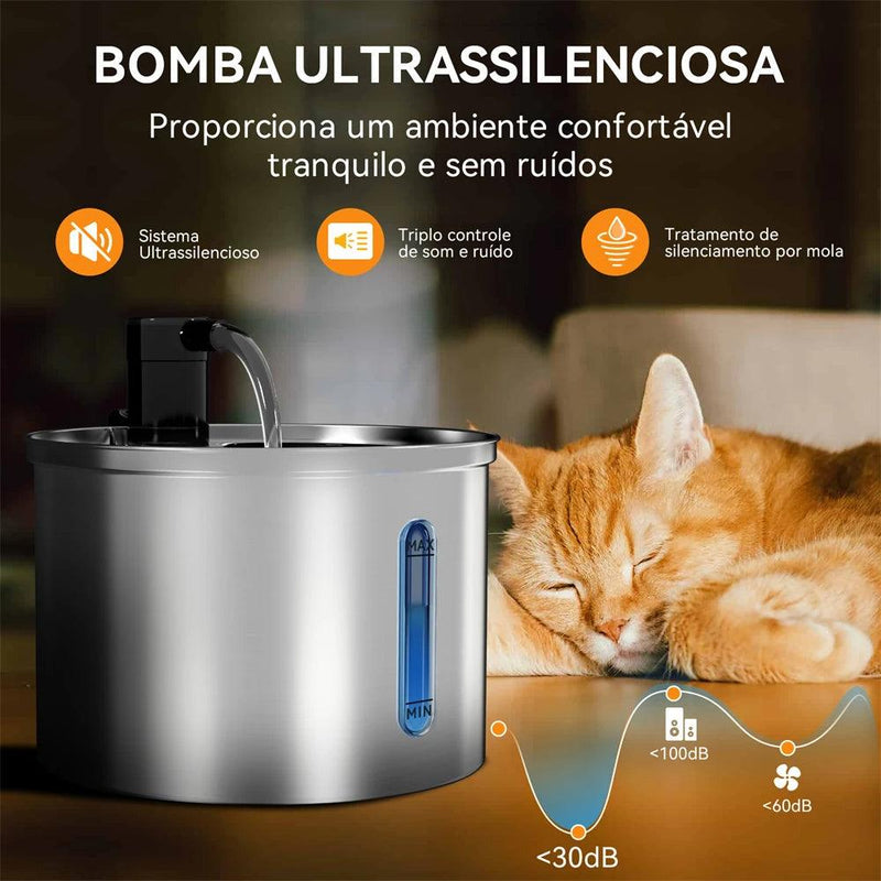 Bebedouro Automático de Aço Inoxidável para Pets com Filtro Duplo – Silencioso e com Capacidade de 3 Litros