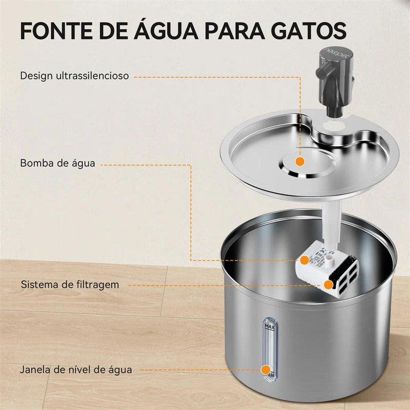 Bebedouro Automático de Aço Inoxidável para Pets com Filtro Duplo – Silencioso e com Capacidade de 3 Litros