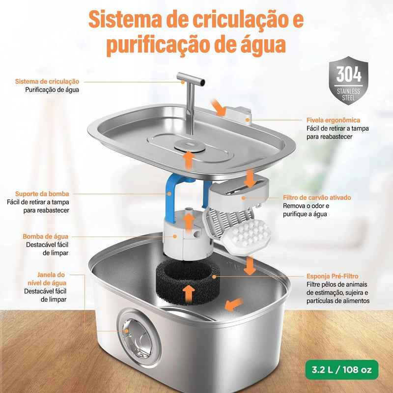 Bebedouro Automático para Gatos em Aço Inox 3,2L com Filtro Avançado - Envio Rápido do Brasil