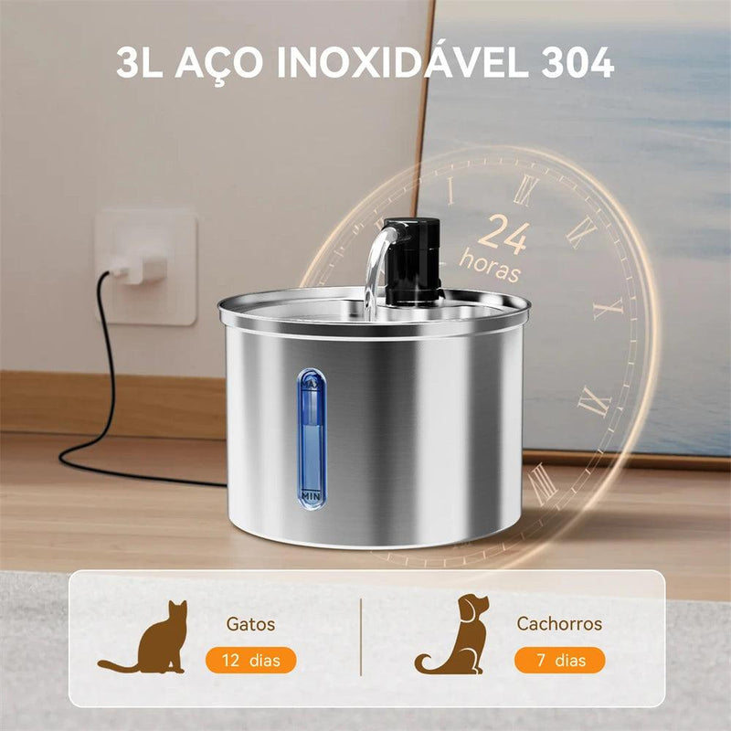 Bebedouro Automático de Aço Inoxidável para Pets com Filtro Duplo – Silencioso e com Capacidade de 3 Litros