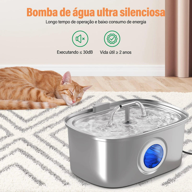 Bebedouro Automático para Gatos em Aço Inox 3,2L com Filtro Avançado - Envio Rápido do Brasil